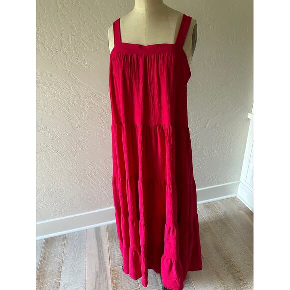 MAX STUDIO | Women's Cerise Red Square Neck Tiered Maxi Sun Dress 3903P58 Medium - Picture 1 of 12